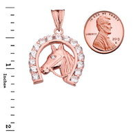 Solid Gold Lucky Horseshoe Statement Pendant Necklace With Cubic Zirconia (Available in Yellow/Rose/White Gold)