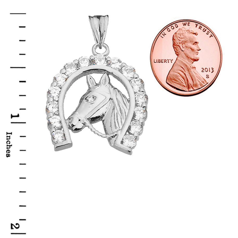 Solid Gold Lucky Horseshoe Statement Pendant Necklace With Cubic Zirconia (Available in Yellow/Rose/White Gold)