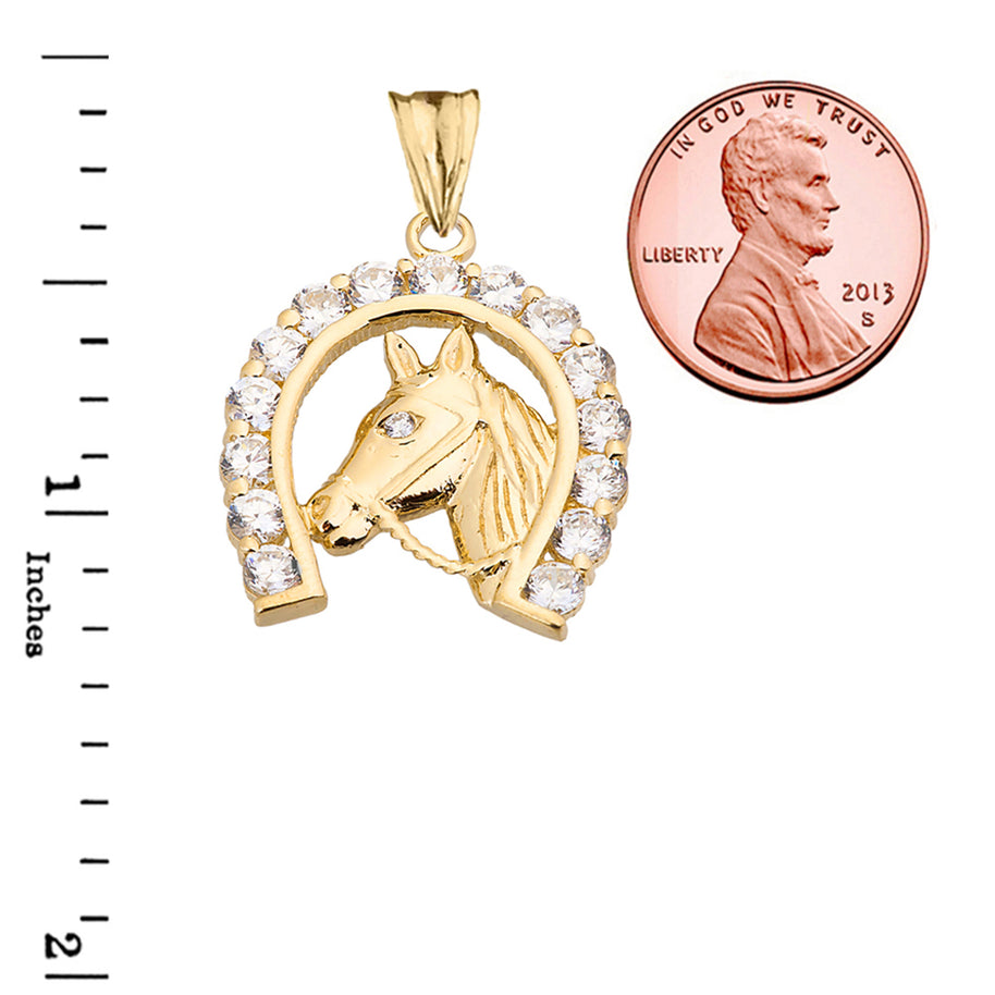 Solid Gold Lucky Horseshoe Statement Pendant Necklace With Cubic Zirconia (Available in Yellow/Rose/White Gold)