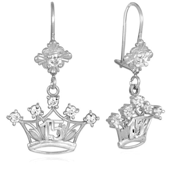 Tri-Color Gold Cubic Zirconia Crown 15 Años Quinceañera Drop Dangle Earrings(Available in Yellow/White Gold)