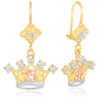 Tri-Color Gold Cubic Zirconia Crown 15 Años Quinceañera Drop Dangle Earrings(Available in Yellow/White Gold)