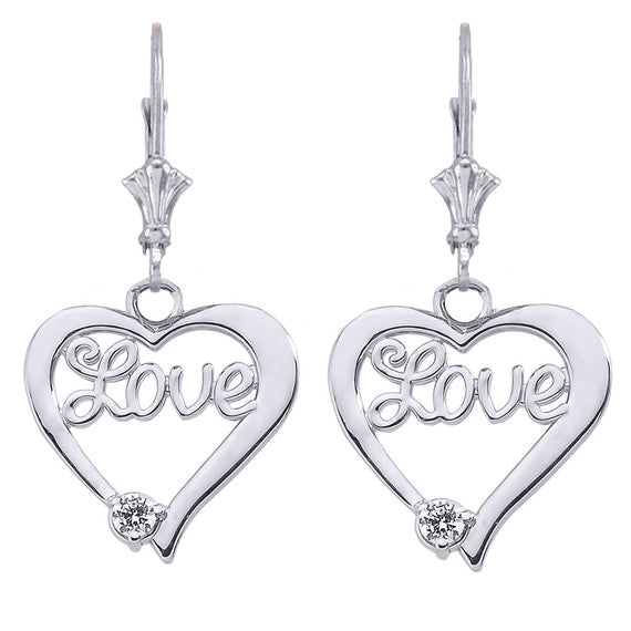 .925 Sterling Silver Diamond Heart Love Leverback Earrings