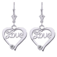 .925 Sterling Silver Diamond Heart Love Leverback Earrings
