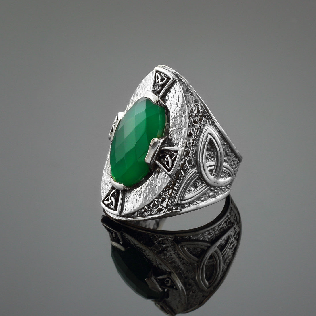 Green Stone Silver Celtic Trinity Ring