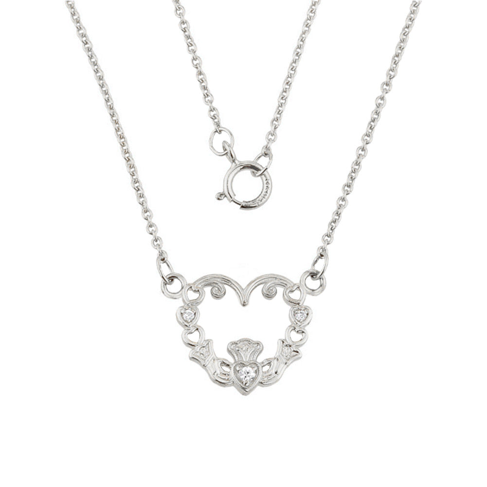 14K White Gold Diamond Claddagh Pendant Necklace