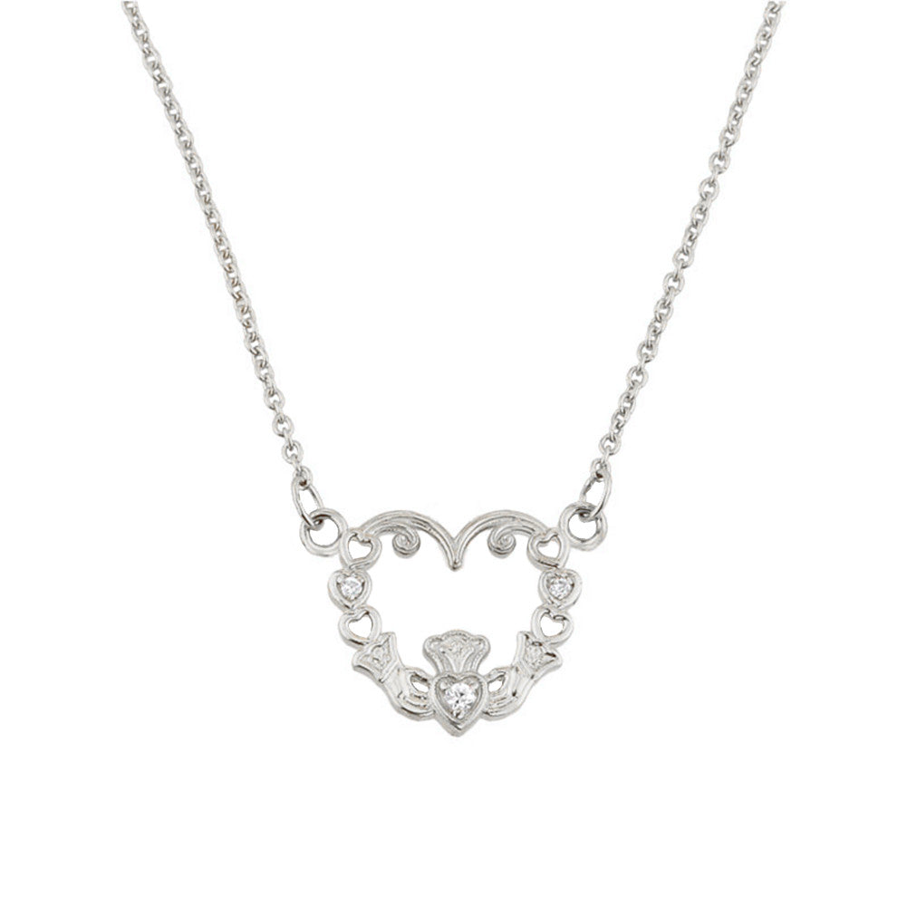 14K White Gold Diamond Claddagh Pendant Necklace