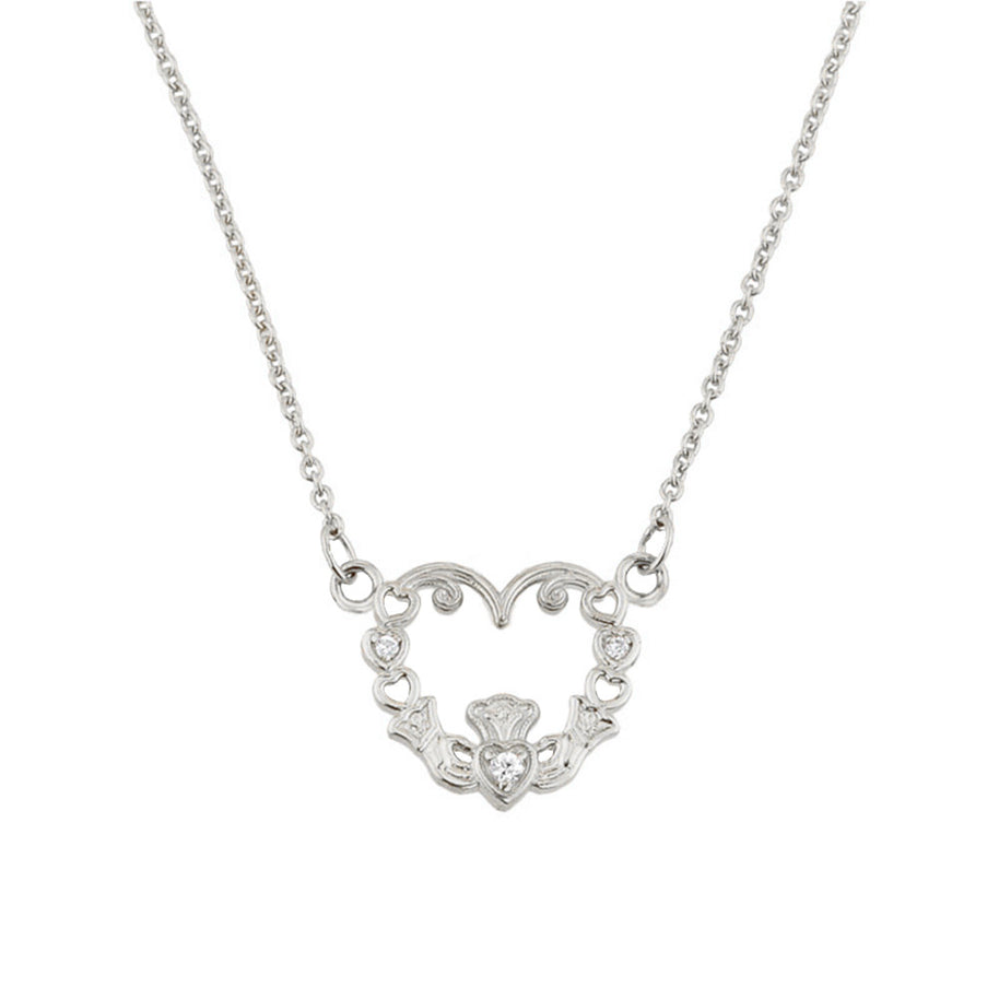 14K White Gold Diamond Claddagh Pendant Necklace