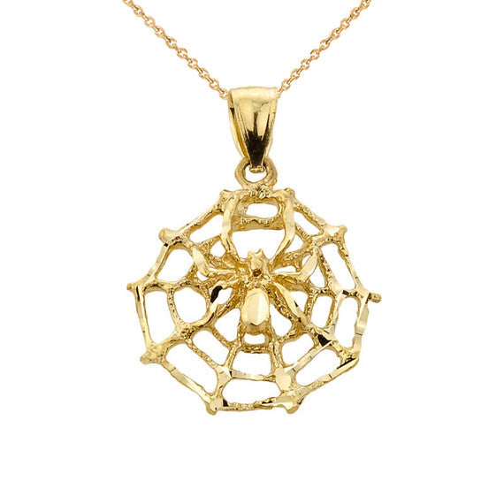 Gold Spider Web Charm Pendant Necklace (Available in Yellow/Rose/White Gold)