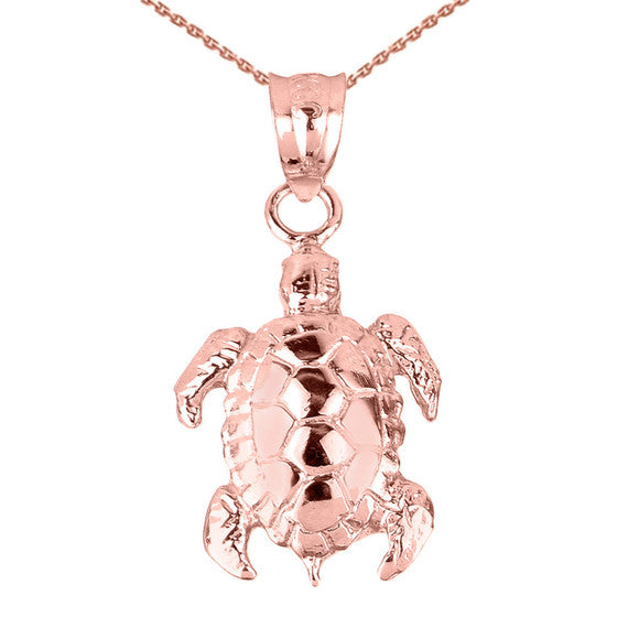 Solid Gold Detailed Shell Turtle Charm Pendant Necklace (Available Yellow/Rose/White Gold)