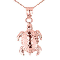 Solid Gold Detailed Shell Turtle Charm Pendant Necklace (Available Yellow/Rose/White Gold)