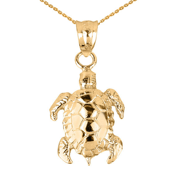 Solid Gold Detailed Shell Turtle Charm Pendant Necklace (Available Yellow/Rose/White Gold)