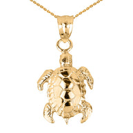 Solid Gold Detailed Shell Turtle Charm Pendant Necklace (Available Yellow/Rose/White Gold)