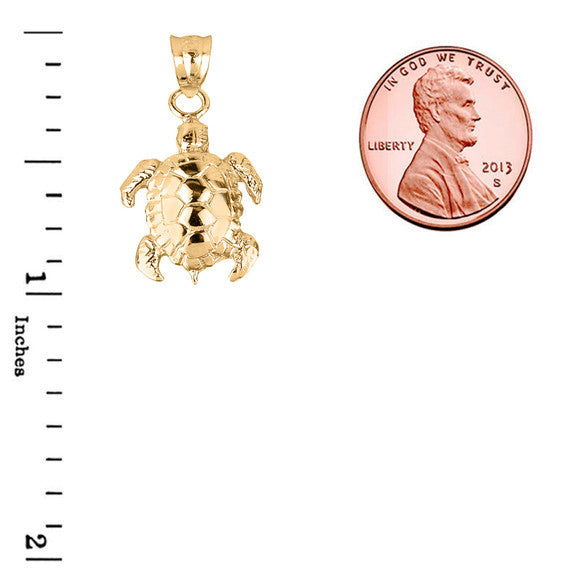 Solid Gold Detailed Shell Turtle Charm Pendant Necklace (Available Yellow/Rose/White Gold)