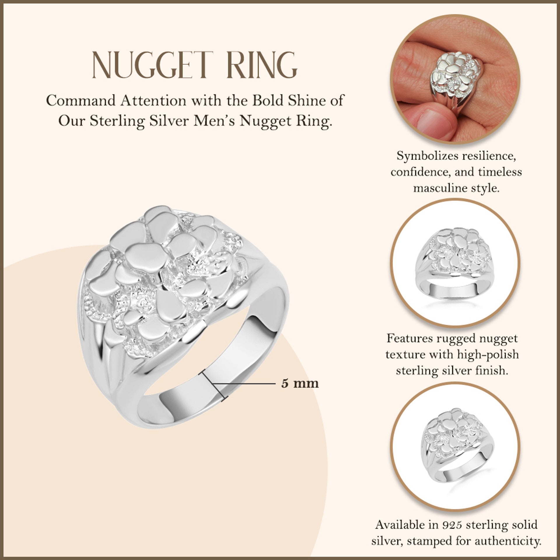 Sterling Silver Nugget Ring for Men