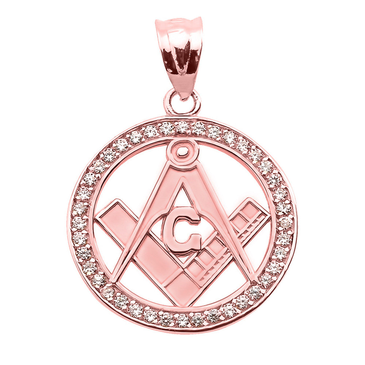 Solid Gold Diamond Studded Freemason Square & Compass Round Pendant (Available in Yellow/Rose/White Gold)