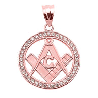 Solid Gold Diamond Studded Freemason Square & Compass Round Pendant (Available in Yellow/Rose/White Gold)