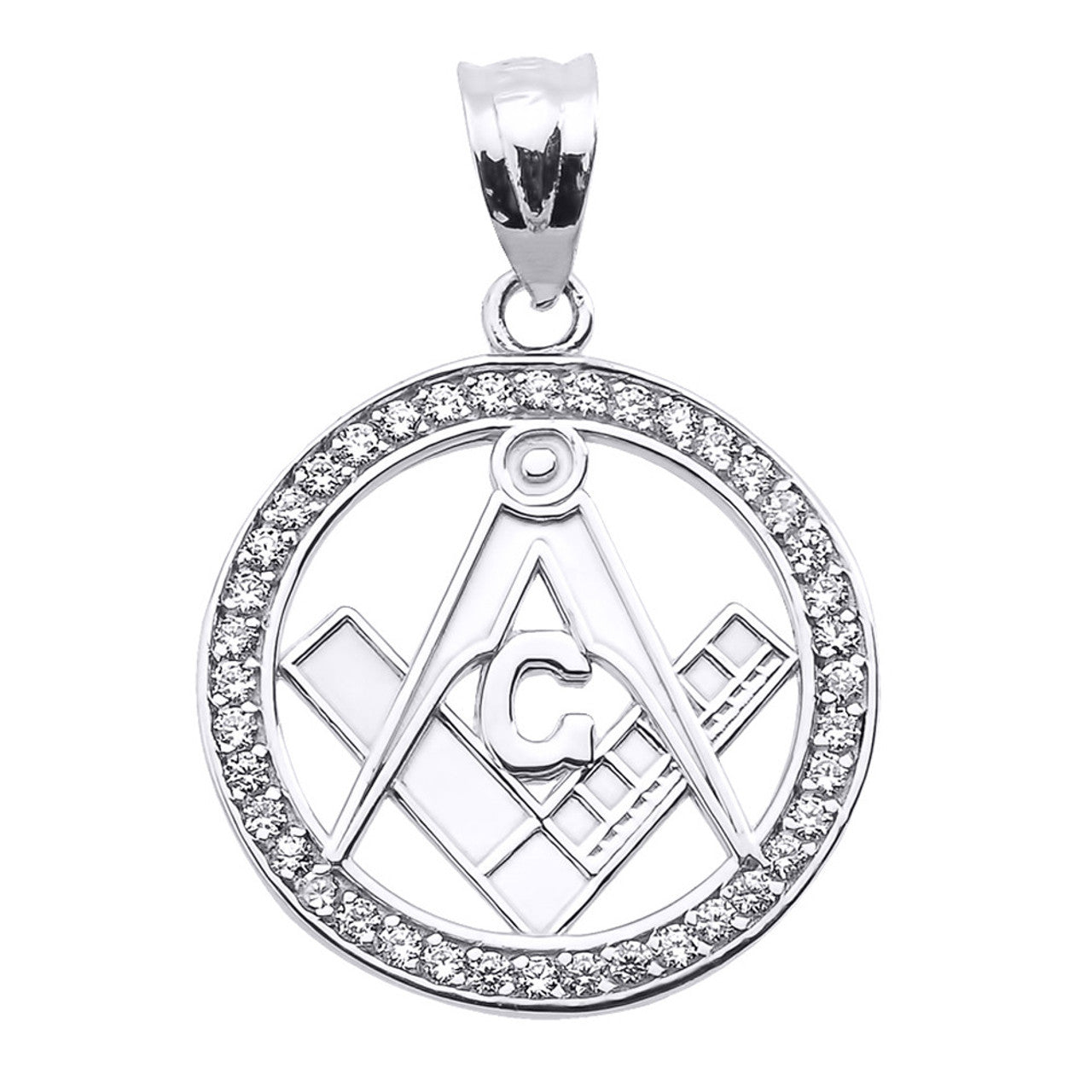 Solid Gold Diamond Studded Freemason Square & Compass Round Pendant (Available in Yellow/Rose/White Gold)