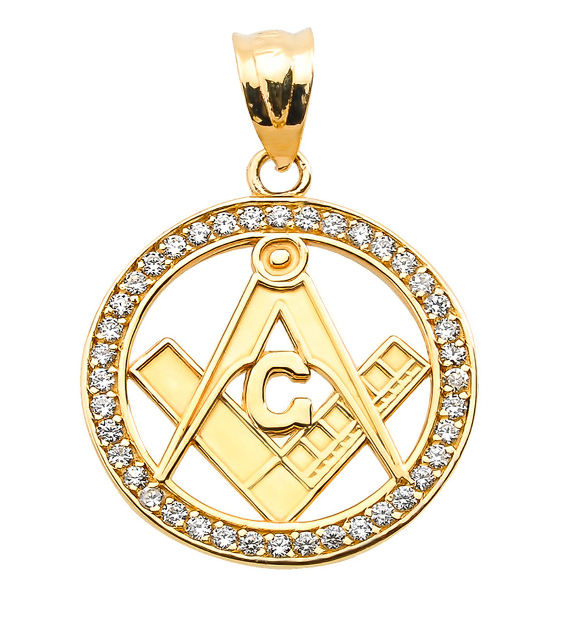 Solid Gold Diamond Studded Freemason Square & Compass Round Pendant (Available in Yellow/Rose/White Gold)