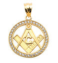 Solid Gold Diamond Studded Freemason Square & Compass Round Pendant (Available in Yellow/Rose/White Gold)