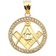 Solid Gold Diamond Studded Freemason Square & Compass Round Pendant (Available in Yellow/Rose/White Gold)
