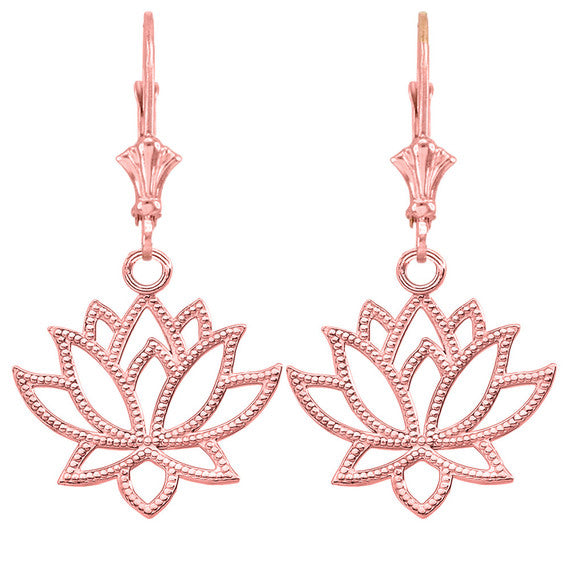 Gold Beaded Lotus Flower Leverback Earrings (Available in Yellow/Rose/White Gold)