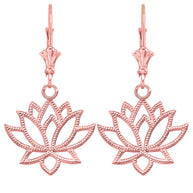 Gold Beaded Lotus Flower Leverback Earrings (Available in Yellow/Rose/White Gold)