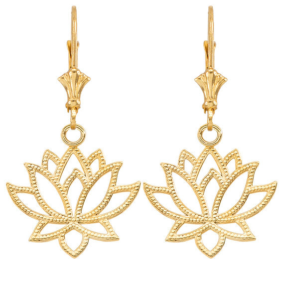 Gold Beaded Lotus Flower Leverback Earrings (Available in Yellow/Rose/White Gold)