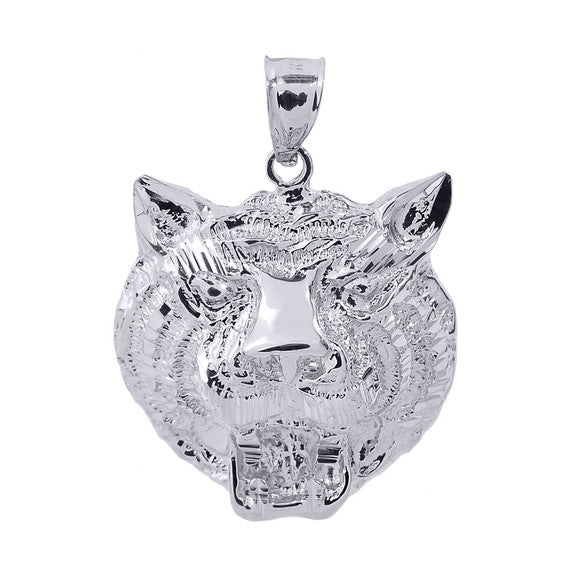 Sterling Silver Diamond Cut Tiger Head Charm Pendant