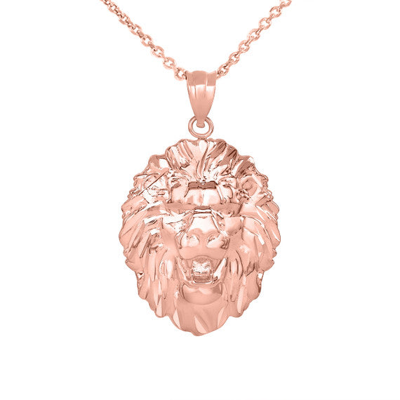 Solid Gold Roaring Lion King Head Pendant Necklace(Available in Yellow/Rose/White Gold)