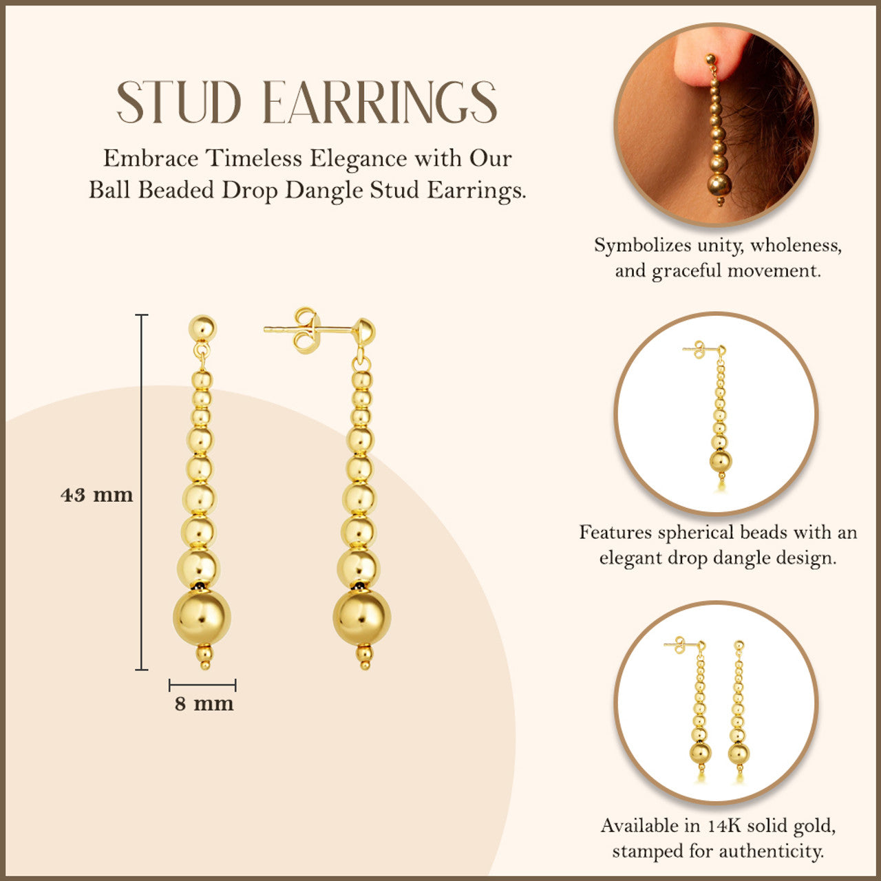 14k Yellow Gold Ball Beaded Drop Dangle Stud Earrings