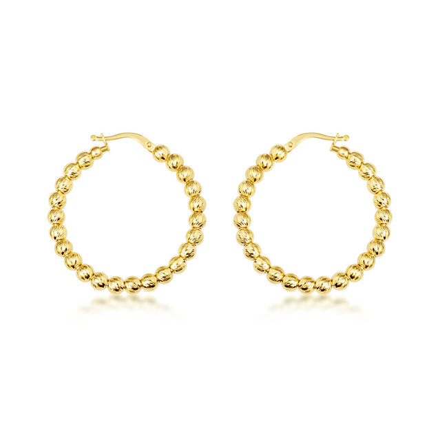 14k Yellow Gold Diamond Cut Ball Beaded Hoop Earrings