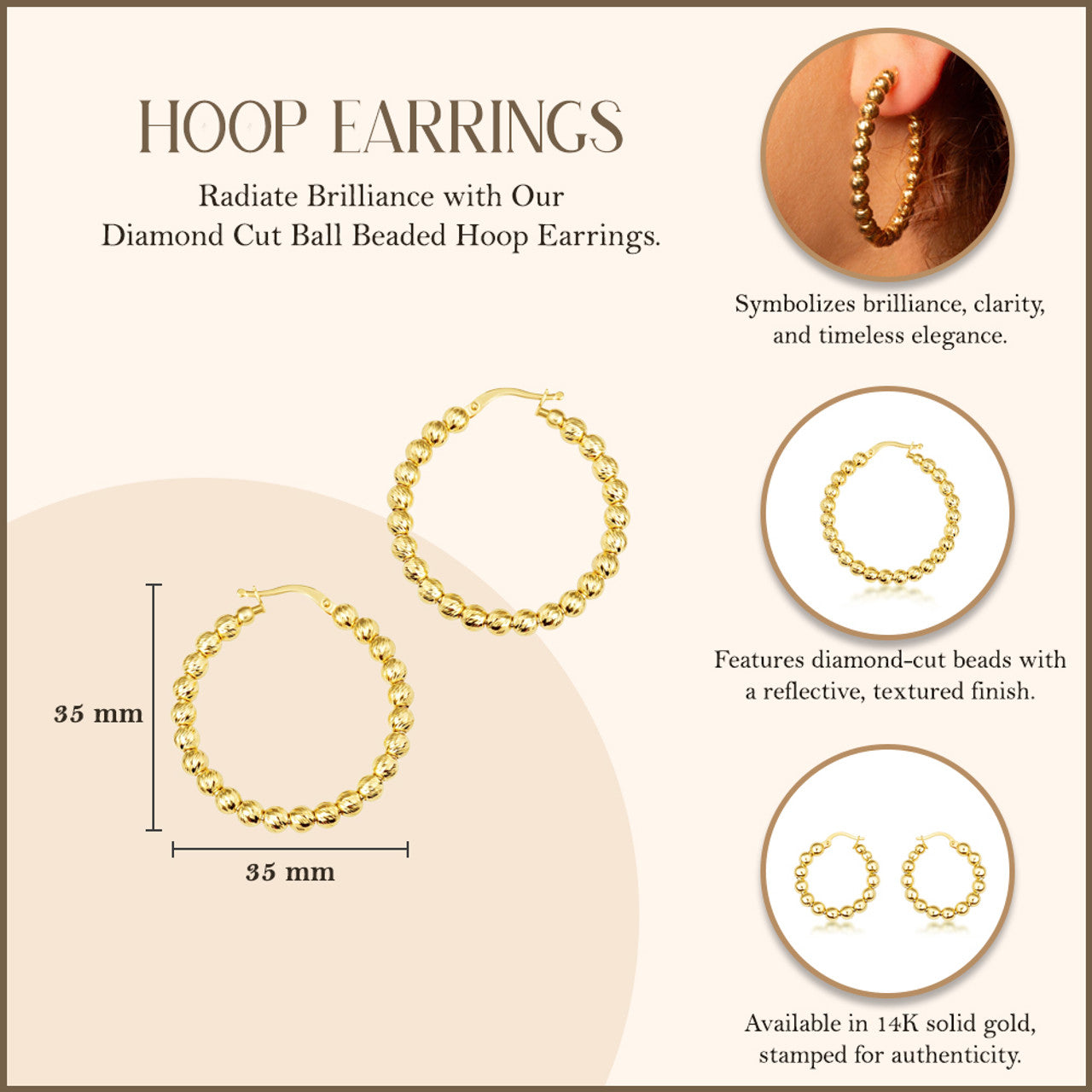 14k Yellow Gold Diamond Cut Ball Beaded Hoop Earrings