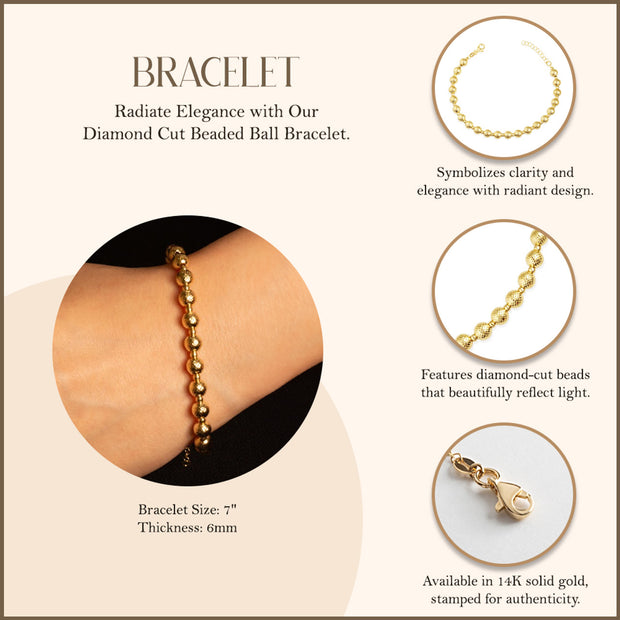 14K Yellow Gold Diamond Cut Beaded Ball Bracelet