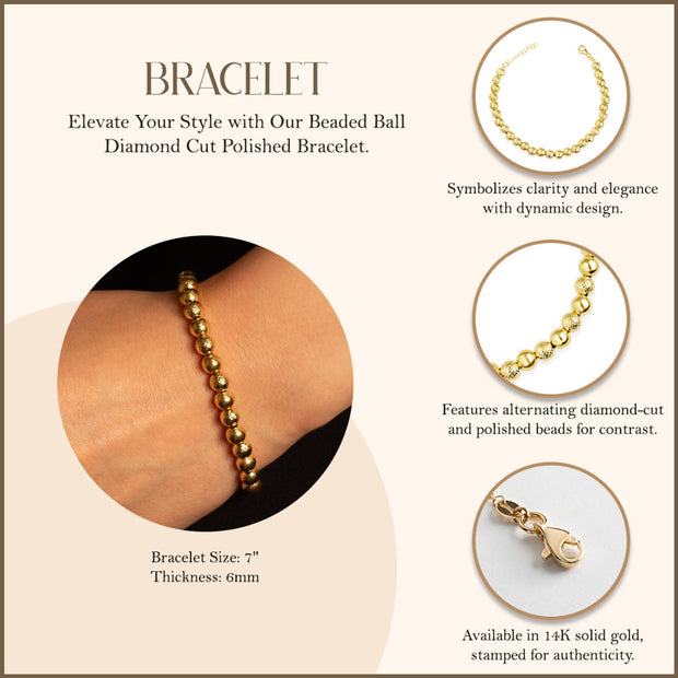 14K Yellow Gold Beaded Ball Diamond Cut Polished Bracelet