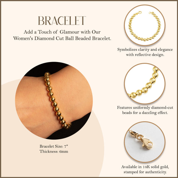 14K Yellow Gold Women's Diamond Cut Ball Beaded Bracelet