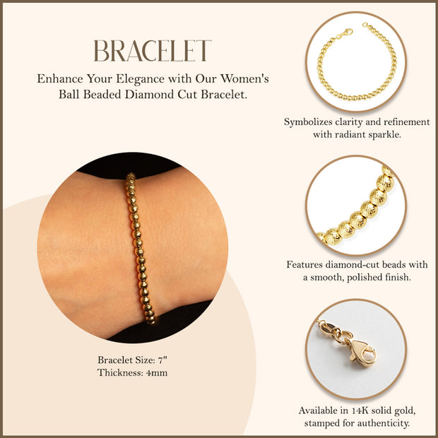 14K Yellow Gold Women's Ball Beaded Diamond Cut Bracelet