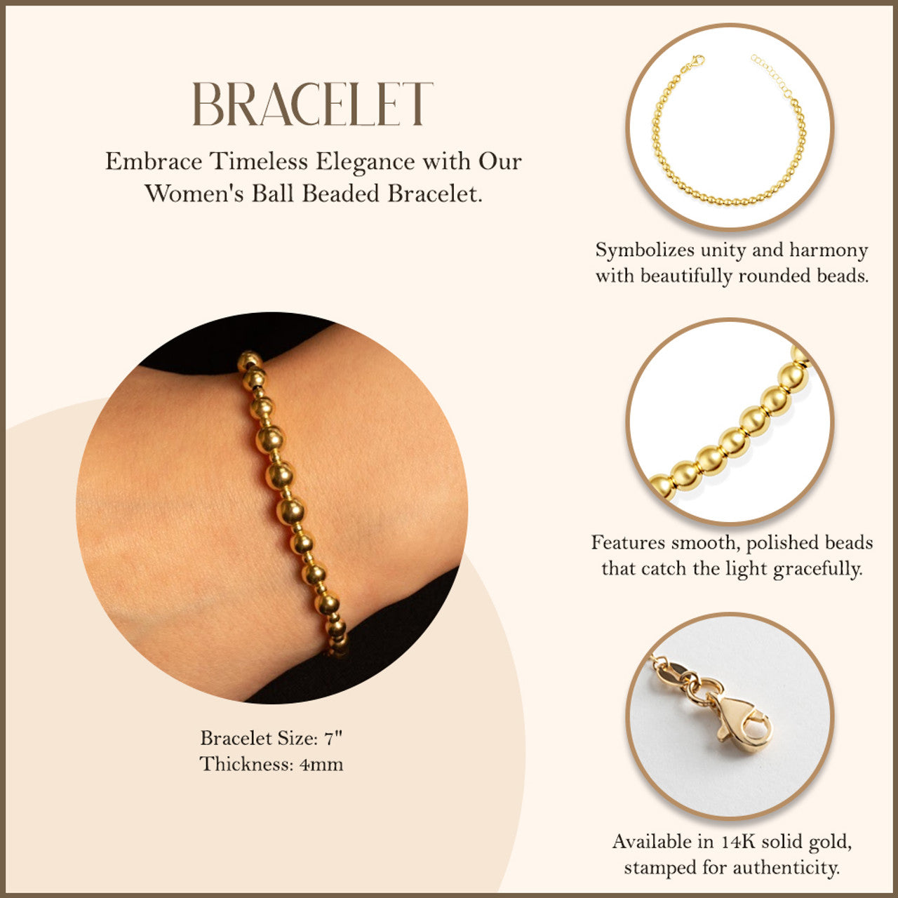 14K Yellow Gold Women's Ball Beaded Bracelet