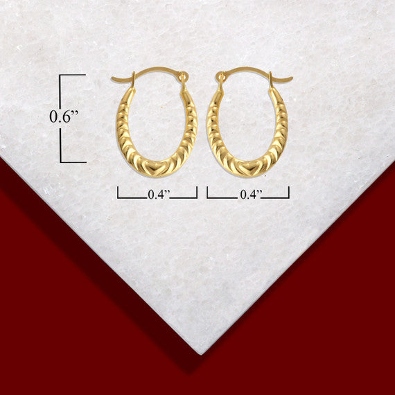 14K Yellow Gold Textured Heart Reversible Oval Hoop Earrings (0.60