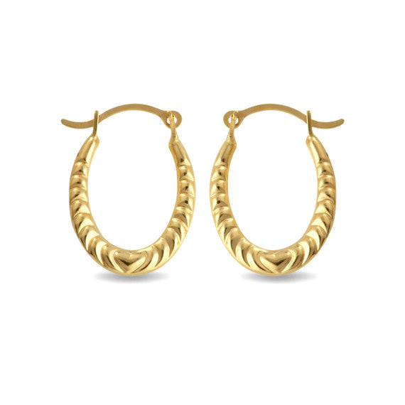 14K Yellow Gold Textured Heart Reversible Oval Hoop Earrings (0.60")