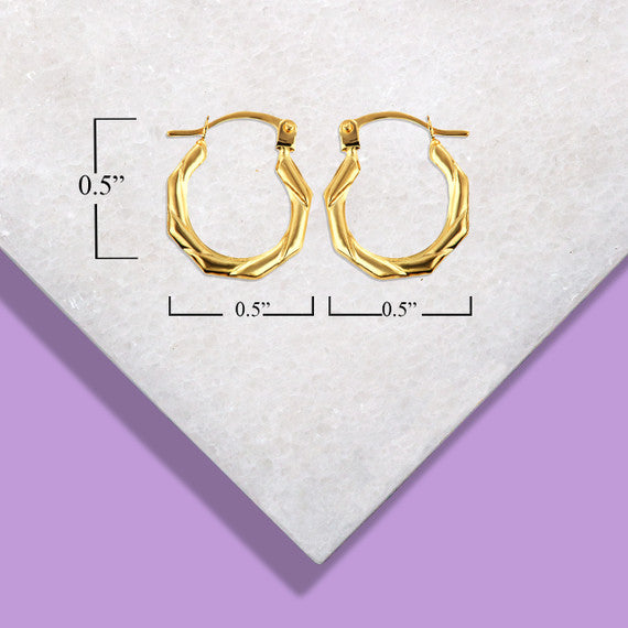 14K Yellow Gold Ribbed Octagon Reversible Hoop Earrings (0.50