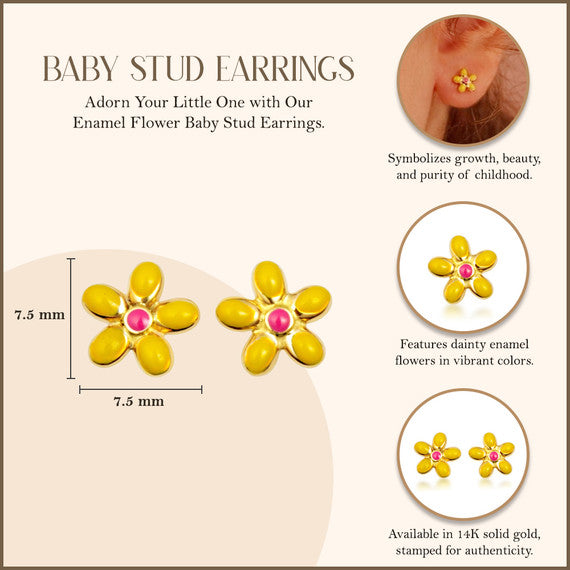 14K Yellow Gold Enamel Flower Baby Stud Earrings