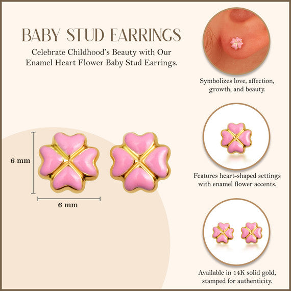14K Yellow Gold Enamel Heart Flower Baby Stud Earrings