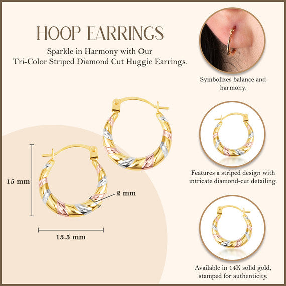 14K Tri-Color Gold Striped Diamond Cut Huggie Hoop Earrings