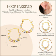 14K Tri-Color Gold Striped Diamond Cut Huggie Hoop Earrings