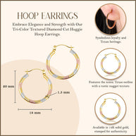 14K Tri-Color Gold Textured Diamond Cut Huggie Hoop Earrings