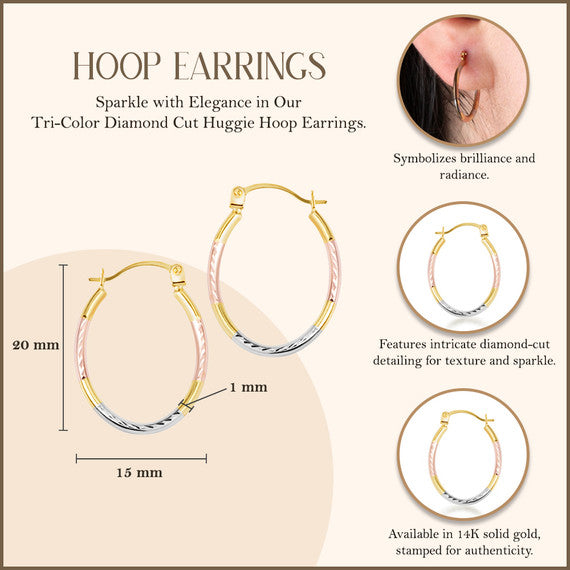 14K Tri-Color Gold Diamond Cut Huggie Hoop Earrings