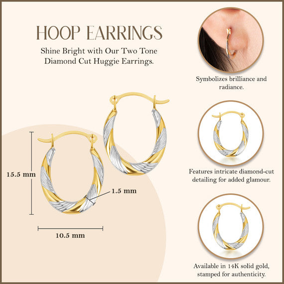 14K Two-Tone Gold Diamond Cut Huggie Hoop Earrings