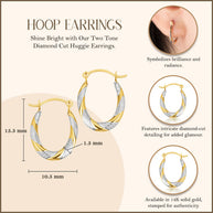 14K Two-Tone Gold Diamond Cut Huggie Hoop Earrings