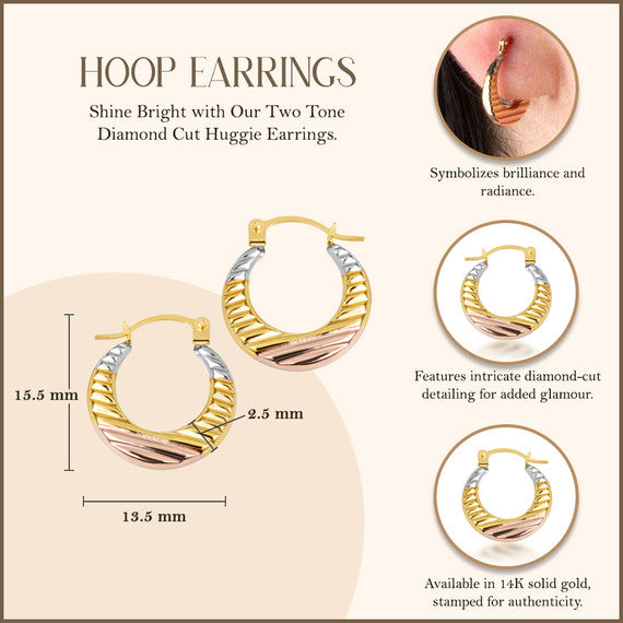 14K Tri-Color Gold Ribbed Diamond Cut Huggie Hoop Earrings