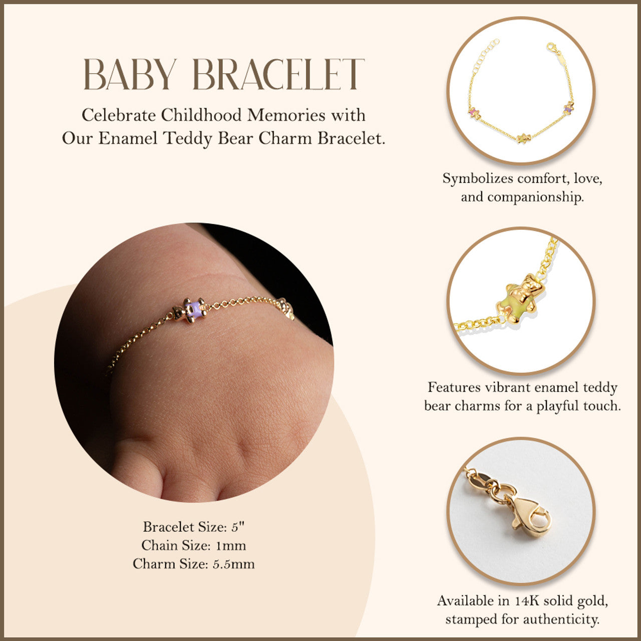 14K Yellow Gold Enamel Teddy Bear Charm Baby Bracelet